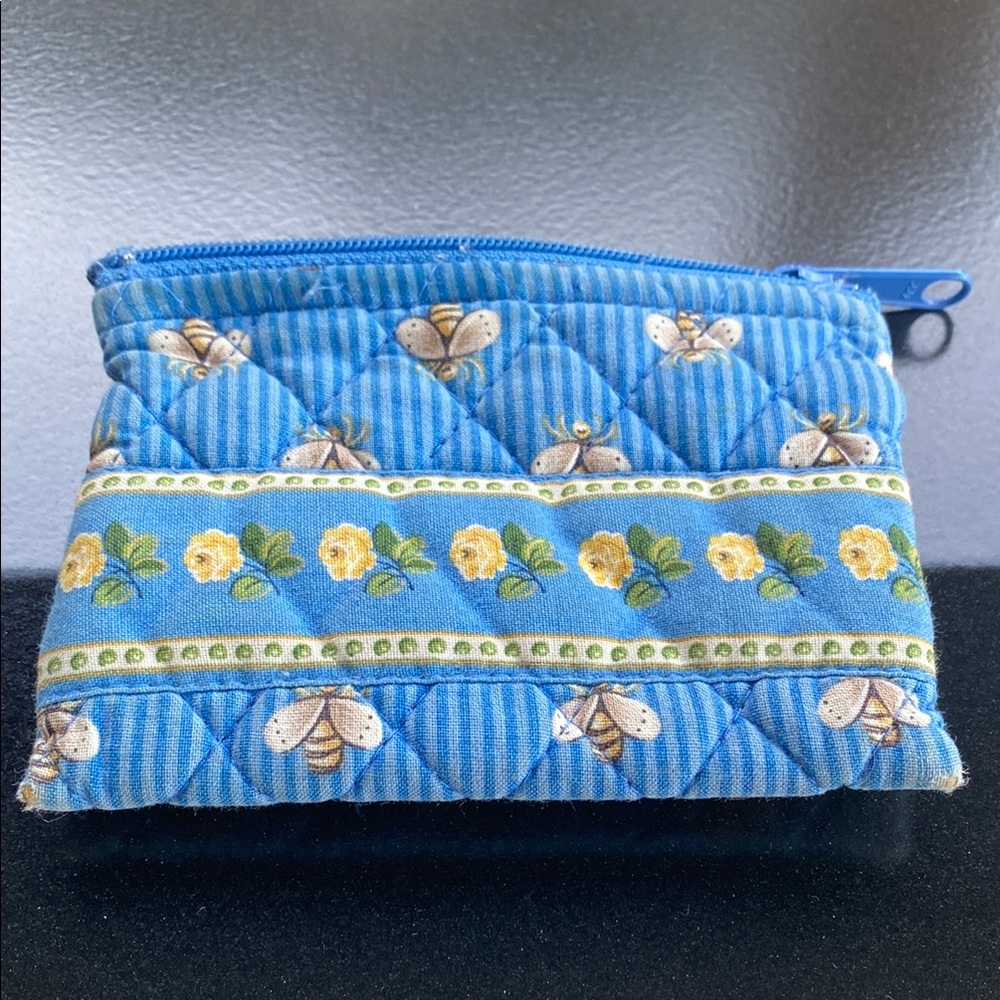 Blue Quilted Pouch with Bee and Floral Design